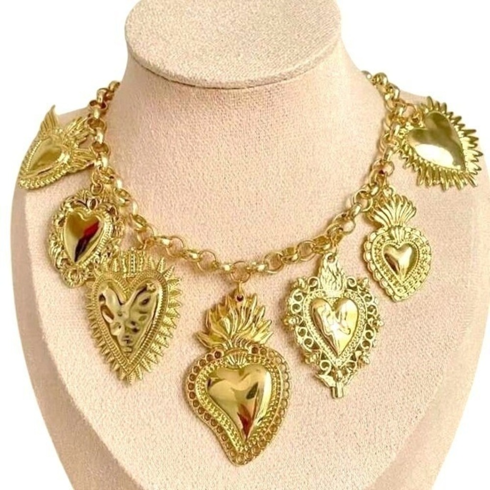 New‎ Gold Corazon Sagrado Sacred Heart Charm Necklace Chunky Religious Spanish